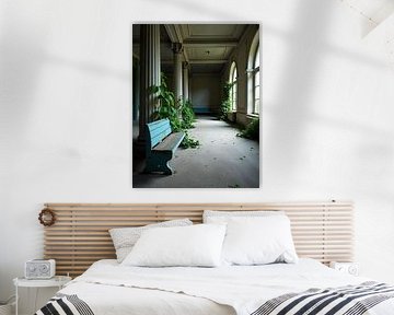 Neo classical space with weathered blue sofa and houseplants.