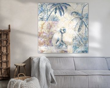 Tropical landscape with monkey and palm trees