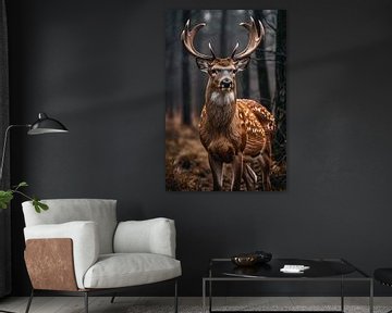 Hert in mistig bos met zonnestralen van Art & Soul Creations