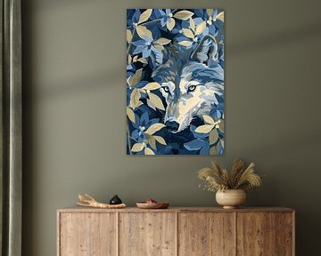 Moderne wolvenkunst omringd door bladeren van Art & Soul Creations