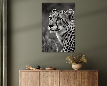 Zwart-wit portret van een majestueuze cheetah van Art & Soul Creations