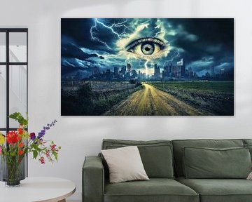 Stormachtige lucht boven de stad met een enorm oog van Frank Heinz