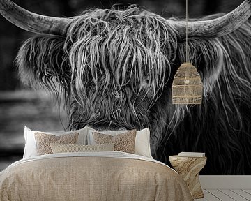 Schotse Hooglander close-up portret in zwart wit van Sjoerd van der Wal Fotografie