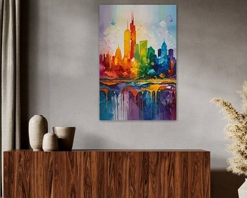 Bunte Skyline mit abstrakten Linien von Art & Soul Creations