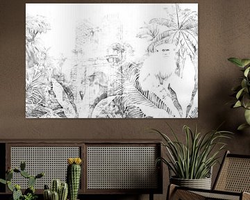 Jungle landscape with monkey collage black and white