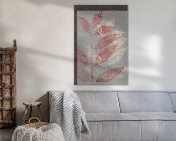 Retro abstract botanisch. Bladeren in rood en wit op grijsblauw. van Dina Dankers