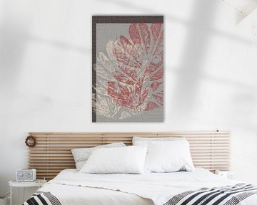 Retro abstract botanisch. Grote bladeren in rood en wit op grijs blauw. van Dina Dankers