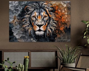 Lion in flames and smoke