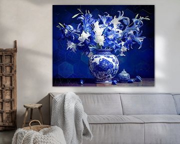 Boeket blauw witte bloemen in Delfts Blauwe vaas