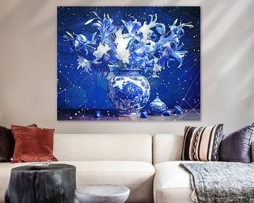 Blue and white flowers in classic vase and starry night