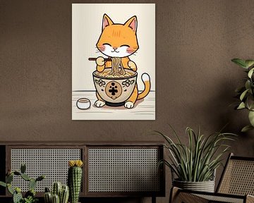 Chat orange mignon mangeant des ramen
