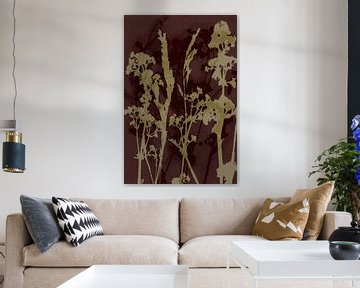 Puur landelijk. Moderne botanische kunst. Weidebloemen in mosterd en wijnrood. van Dina Dankers