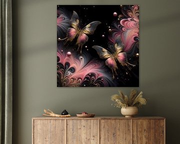 Vlinders in de ruimte: een spel van zwart, goud en rosé van ButterflyPix