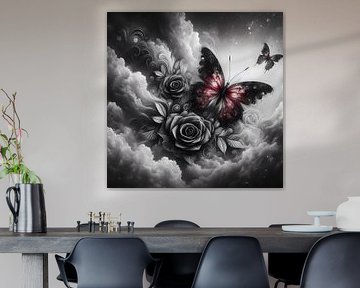 Eleganz der Gegensätze: Schmetterling in Schwarz, Weiß und Rosé