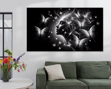 Déesse noire et blanche des papillons de lumière - Art mystique sur ButterflyPix