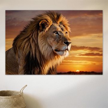 Majestueuze leeuw bij zonsondergang van Art & Soul Creations