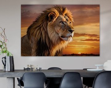 Majestueuze leeuw bij zonsondergang van Art & Soul Creations