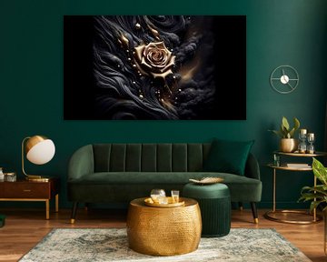Gouden roos in zwarte rook - Mystieke elegantie op een donkere achtergrond van ButterflyPix