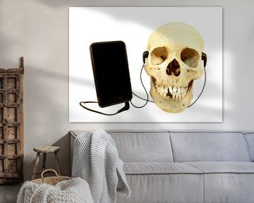 Menselijke schedel luistert muziek met oordopjes op een iPod van Ben Schonewille