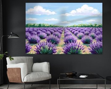 Uitgestrekt lavendelveld onder blauwe lucht van Art & Soul Creations