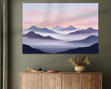 Mistige bergen bij zonsopgang van Art & Soul Creations