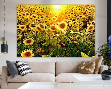veld met zonnebloemen in tegenlicht van Paul Piebinga