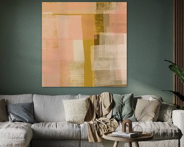 Abstracte vormen en lijnen in oker, wit, roze, taupe I van Dina Dankers