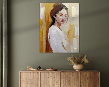 Abstract portret van een Vrouw in wit met Goud en Bruin. van Studio Pieternel