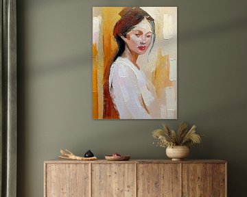 Abstract portret van een Vrouw in wit met Goud en Bruin. van Studio Pieternel