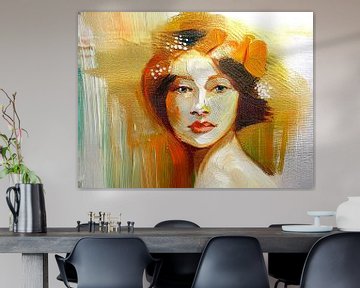 Abstract portret van een Vrouw in Goud, Oranje  en Bruin. van Studio Pieternel