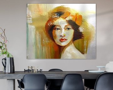 Abstract portret van een Vrouw in Goud, Oranje  en Bruin. van Studio Pieternel