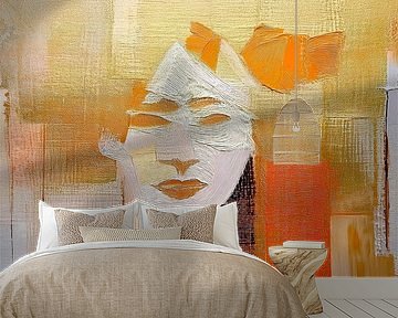 Abstract Portret van een vrouw in Goud, Oranje en Bruin.