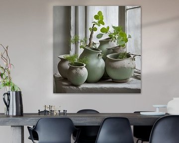 Oude potten met planten op vensterbank