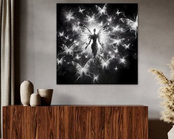 Zwart-wit kunstschilderij van de feeënkoningin - Mystieke elegantie