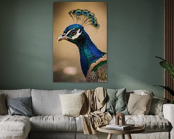 Colourful peacock portrait with feathers by Art & Soul Creations