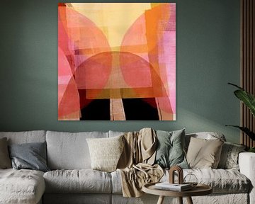 Kleurrijke abstracte kunst. Vormen in geel, oranje, roze en zwart. van Dina Dankers