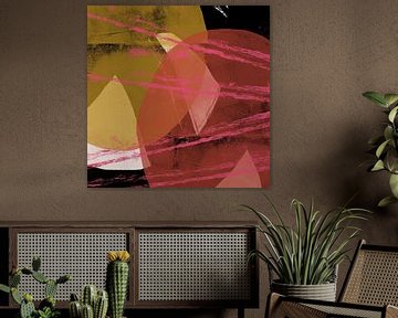 Kleurrijke abstracte kunst. Vormen in oker, rood, roze, zwart. van Dina Dankers