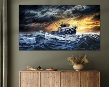 Vissersboot vaart door stormachtige golven