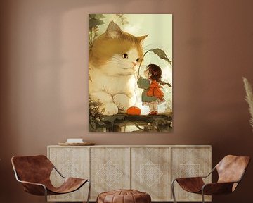 Une petite fille donne une orange à un gros chat 2
