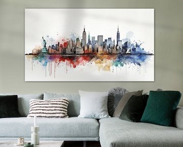 Aquarelle panoramique de New York City sur fond blanc, Design d'art en couleur