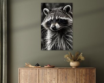 Photo en noir et blanc d'un raton laveur sur Art & Soul Creations