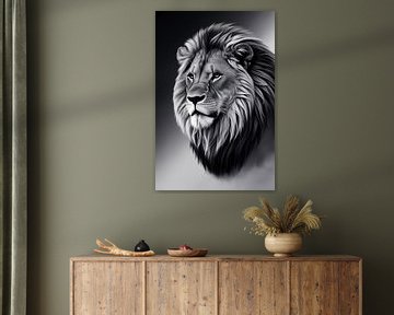 Black-and-white portrait of lion by Art & Soul Creations