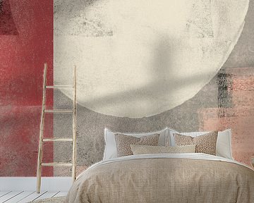 Abstract shapes in white, red, coral and grey. Modern abstract art. by Dina Dankers