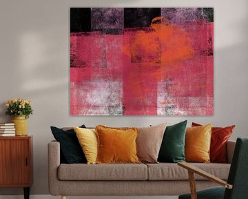 Kleurblokken in rood roze, oranje en zwart. Moderne abstracte kunst. van Dina Dankers