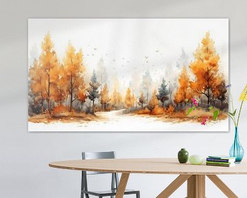 Herbstliches Panorama-Aquarell auf weißem Hintergrund, Kunstdesign