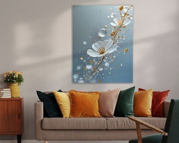 Ein verträumter weißer Blumenzweig mit Wassertropfen und Gold. von J.a Dijkstra