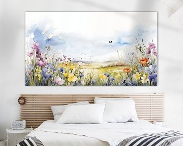 Pré printanier avec des fleurs dans un design d'art aquarelle