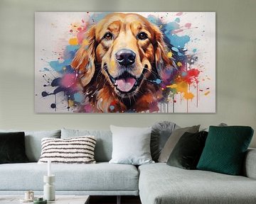 Peinture Golden Retriever d'un visage de chien avec des éclaboussures de peinture colorée