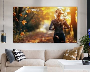 Young woman jogging in the autumn forest by Frank Heinz