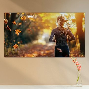 Junge Frau joggt im herbstlichen Wald von Frank Heinz